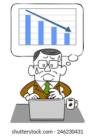 Graph and falling businessman and laptop elderly