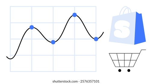 Graph with fluctuating sales data points represented by a line chart. Adjacent are icons of a shopping bag and cart. Ideal for data analysis, business growth, online stores, retail strategy