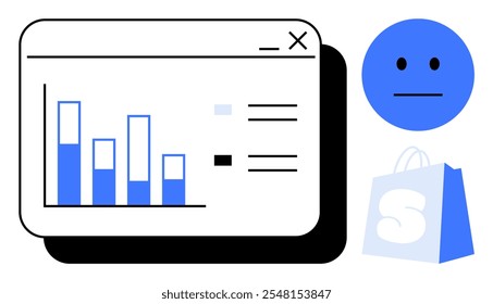 Gráfico con cuatro barras azules de Vertical y una lista, un ícono de cara azul redondo con una expresión neutra y un bolso de compras azul con letra S. Ideal para comercio electrónico, análisis de datos, Comentarios de Clientes