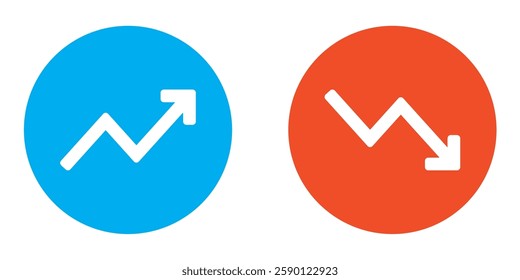The graph goes up and down, with the with sign in the blue and red circle. Flat design. Arrow symbol. Economy, business, finance, stocks, and income chart symbols. EPS 10. Vector illustrations