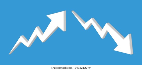Graph going Up and Down with 3D white arrows on blue.White chart bar vector illustration concept of sales bar chart symbol icon with arrow moving down and sales bar chart with arrow moving up.