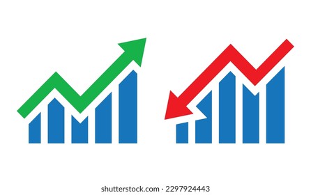 Graph going Up and Down with green and red arrows vector. Blue chart bar vector illustration concept of sales bar chart symbol icon with arrow moving down and sales bar chart with arrow moving up.