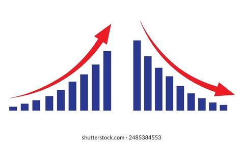 Gráfico que va arriba y abajo con Vector de flechas rojas. Gráfico azul concepto de Ilustración vectorial de barra de ventas icono de gráfico de barras de ventas con flecha hacia abajo y gráfico de barras de ventas con flecha hacia arriba.