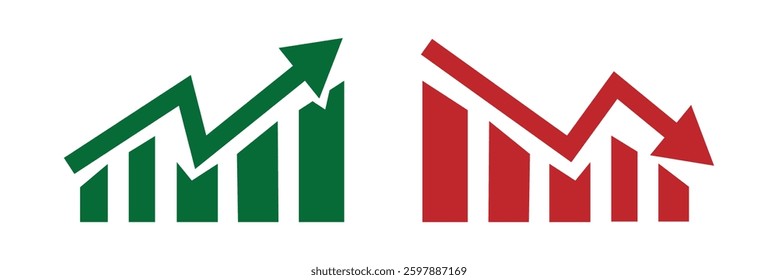Graph going Up and Down sign with arrows. sales bar chart icon symbol with arrow moving up and moving down Flat design. Graph rise and fall business icon vector illustration.