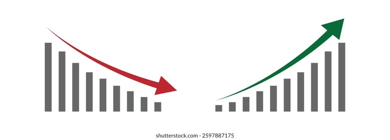 Graph going Up and Down sign with arrows. sales bar chart icon symbol with arrow moving up and moving down Flat design. Graph rise and fall business icon vector illustration.
