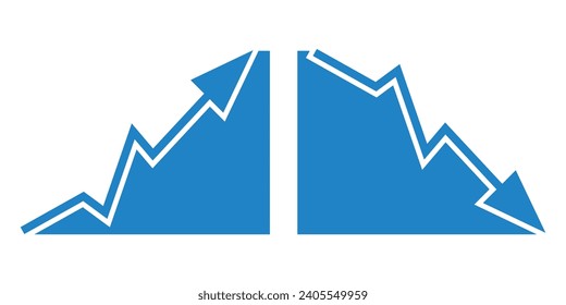 El gráfico que va hacia arriba y hacia abajo con el vector de flechas azules. Icono de símbolo de gráfico de barras de ventas con flecha moviéndose hacia abajo y gráfico de barras de ventas con flecha hacia arriba.