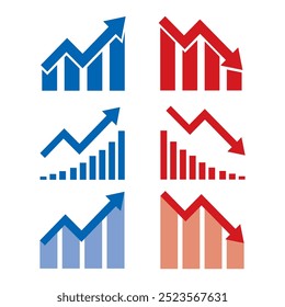 Sinal de subida e descida do gráfico com conjunto de vetores de setas azul e vermelha. Vetor de design plano conjunto de um conceito de ícone de símbolo de gráfico de barra de vendas com seta movendo para baixo e gráfico de barra de vendas com seta movendo para cima.