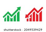 Graph going Up and Down sign with green and red arrows vector. Flat design vector illustration concept of sales bar chart symbol icon with arrow moving down and sales bar chart with arrow moving up.	
