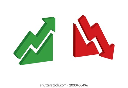 Graph going Up and Down sign with green and red arrows vector. 3d design vector illustration concept of sales bar chart symbol icon with arrow moving down and sales bar chart with arrow moving up.	