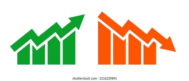 Graph going Up and Down sign with green and red arrows vector. Flat design vector illustration concept of sales bar chart symbol icon with arrow moving down and sales bar chart with arrow moving up.