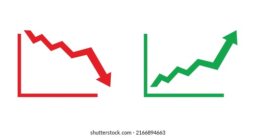 Graph Going Up And Down Sign With Green And Red Arrows Vector. Flat Design Vector Illustration Concept Of Sales Bar Chart Symbol Icon With Arrow Moving Down And Sales Bar Chart With Arrow Moving Up.	