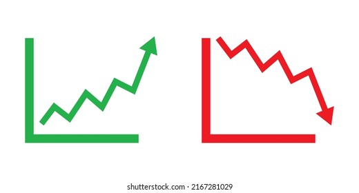 Graph going Up and Down sign with green and red arrows vector. Flat design vector illustration concept of sales bar chart symbol icon with arrow moving down and sales bar chart with arrow moving up.	