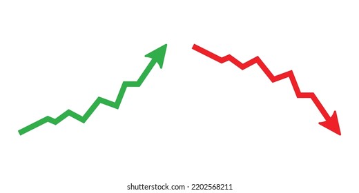 Graph Going Up And Down Sign With Green And Red Arrows Vector. Flat Design Vector Illustration Concept Of Sales Bar Chart Symbol Icon With Arrow Moving Down And Sales Bar Chart With Arrow Moving Up.