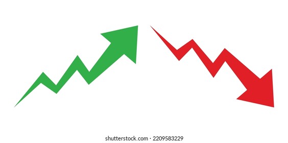 Graph Going Up And Down Sign With Green And Red Arrows Vector. Flat Design Vector Illustration Concept Of Sales Bar Chart Symbol Icon With Arrow Moving Down And Sales Bar Chart With Arrow Moving Up.