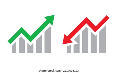 Graph Going Up And Down Sign With Green And Red Arrows Vector. Flat Design Vector Illustration Concept Of Sales Bar Chart Symbol Icon With Arrow Moving Down And Sales Bar Chart With Arrow Moving Up.	