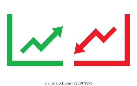 El gráfico que va hacia arriba y hacia abajo es un signo con flechas verdes y rojas vectoriales. Icono de símbolo de gráfico de barras de ventas con flecha moviéndose hacia abajo y gráfico de barras de ventas con flecha hacia arriba.	