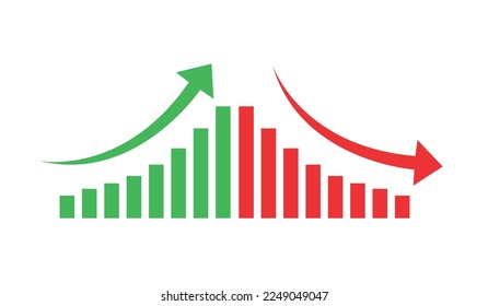 Graph going Up and Down sign with green and red arrows vector. Flat design vector illustration concept of sales bar chart symbol icon with arrow moving down and sales bar chart with arrow moving up