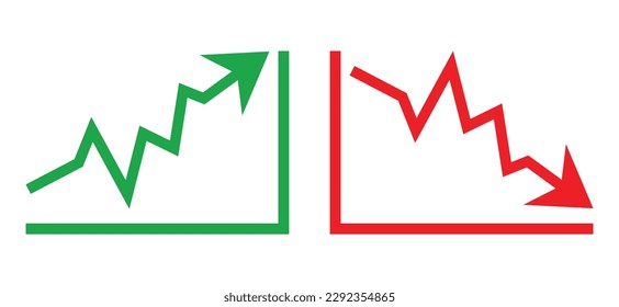 Graph going Up and Down sign with green and red arrows vector. Flat design vector illustration concept of sales bar chart symbol icon with arrow moving down and sales bar chart with arrow moving up.