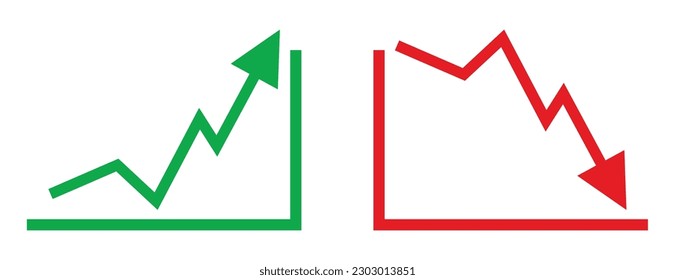 Graph going Up and Down sign with green and red arrows vector. Flat design vector illustration concept of sales bar chart symbol icon with arrow moving down and sales bar chart with arrow moving up.