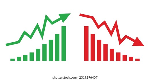 El gráfico que va hacia arriba y hacia abajo es un signo con flechas verdes y rojas vectoriales. Icono de símbolo de gráfico de barras de ventas con flecha moviéndose hacia abajo y gráfico de barras de ventas con flecha hacia arriba.	