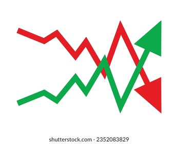 Graph going Up and Down sign with green and red arrows vector. Flat design vector illustration concept of sales bar chart symbol icon with arrow moving down and sales bar chart with arrow moving up.