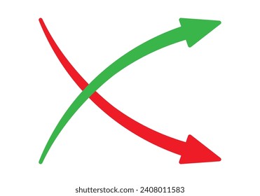 El gráfico que va hacia arriba y hacia abajo es un signo con flechas verdes y rojas vectoriales. Icono de símbolo de gráfico de barras de ventas con flecha moviéndose hacia abajo y gráfico de barras de ventas con flecha hacia arriba.
