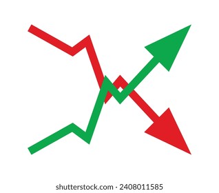 El gráfico que va hacia arriba y hacia abajo es un signo con flechas verdes y rojas vectoriales. Icono de símbolo de gráfico de barras de ventas con flecha moviéndose hacia abajo y gráfico de barras de ventas con flecha hacia arriba.