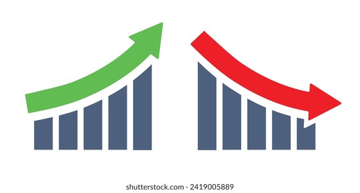 Graph going Up and Down sign with green and red arrows vector. Flat design vector illustration concept of sales bar chart symbol icon with arrow moving down and sales bar chart with arrow moving up.