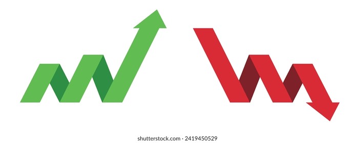 Graph going Up and Down sign with green and red arrows vector. Flat design vector illustration concept of sales bar chart symbol icon with arrow moving down and sales bar chart with arrow moving up.