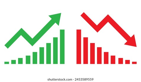 Gráfico que va arriba y abajo signo con flechas verdes y rojas Vector. Concepto de Ilustración vectorial de diseño plano del símbolo de gráfico de barras de ventas con la flecha hacia abajo y el gráfico de barras de ventas con la flecha hacia arriba.