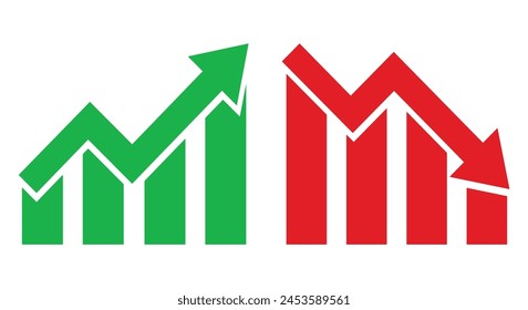 Graph going Up and Down sign with green and red arrows vector. Flat design vector illustration concept of sales bar chart symbol icon with arrow moving down and sales bar chart with arrow moving up.