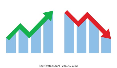 Graph going Up and Down sign with green and red arrows vector. Flat design vector illustration concept of sales bar chart symbol icon with arrow moving down and sales bar chart with arrow moving up.