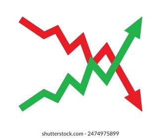 Graph going Up and Down sign with green and red arrows vector. Flat design vector illustration concept of sales bar chart symbol icon with arrow moving down and sales bar chart with arrow moving up.