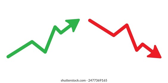 Graph going Up and Down sign with green and red arrows vector. Flat design vector illustration concept of sales bar chart symbol icon with arrow moving down and sales bar chart with arrow moving up.