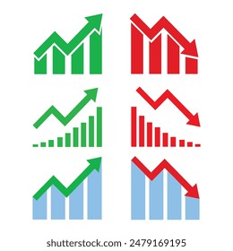 Graph going Up and Down sign with green and red arrows vector set. Flat design vector set of a concept of sales bar chart symbol icon with arrow moving down and sales bar chart with arrow moving up.