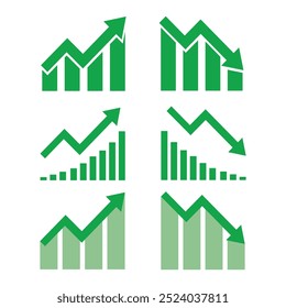 Graph going Up and Down sign with green arrows vector set. Flat design vector set of a concept of sales bar chart symbol icon with arrow moving down and sales bar chart with arrow moving up.