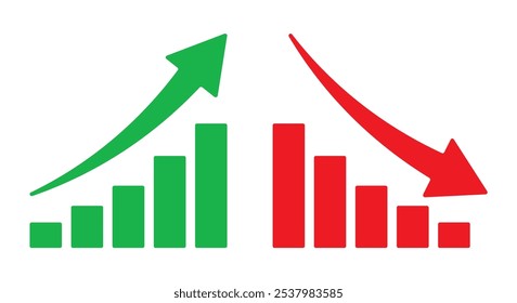 Gráfico que va arriba y abajo signo con Vector de flechas verdes y rojas. Concepto de Ilustración vectorial de diseño plano de icono de gráfico de barras de ventas con flecha que se mueve hacia abajo y gráfico de barras de ventas con flecha que se mueve hacia arriba.