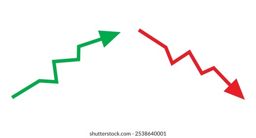 Gráfico que va arriba y abajo signo con Vector de flechas verdes y rojas. Concepto de Ilustración vectorial de diseño plano de icono de gráfico de barras de ventas con flecha que se mueve hacia abajo y gráfico de barras de ventas con flecha que se mueve hacia arriba.