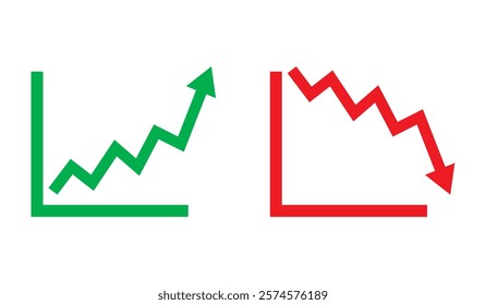 Graph going Up and Down sign with green and red arrows vector. Flat design vector illustration concept of sales bar chart symbol icon with arrow moving down and sales bar chart with arrow moving up.