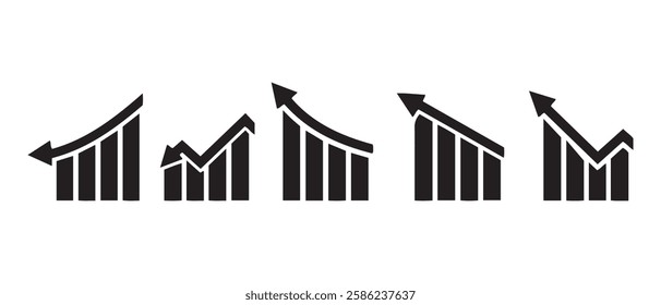Graph going Up and Down sign with green and red arrows vector. Flat design vector illustration concept of sales bar chart symbol icon with arrow moving down and sales bar chart with arrow moving up.
