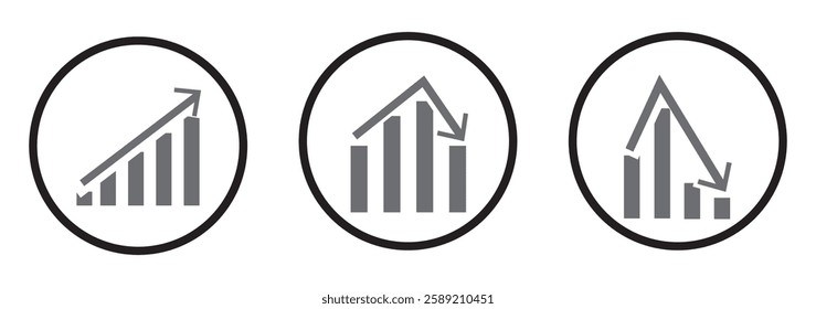 Graph going Up and Down sign with green and red arrows vector. Flat design vector illustration concept of sales bar chart symbol icon with arrow moving down and sales bar chart with arrow moving up.
