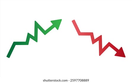 Graph going Up and Down sign with green and red arrows vector. Flat design vector illustration concept of sales bar chart symbol icon with arrow moving down and sales bar chart with arrow moving up.