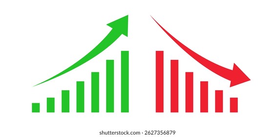 Graph going Up and Down sign with green and red arrows. Up arrow flow chart, Bullish trend. Bear market, bearish trend. Rising and downward trend