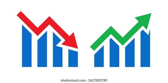Graph going Up and Down sign with green and red arrows. Bullish trend. Bear market, bearish trend. Rising and downward trend. Vector illustration