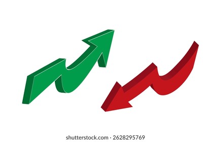 Graph going Up and Down sign with green and red arrows vector. Flat design vector illustration concept of sales bar chart symbol icon with arrow moving down and sales bar chart with arrow moving up