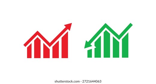 Graph going Up and Down sign with green and red arrows vector. Flat design vector illustration concept of sales bar chart symbol icon with arrow moving down and sales bar chart with arrow moving up.