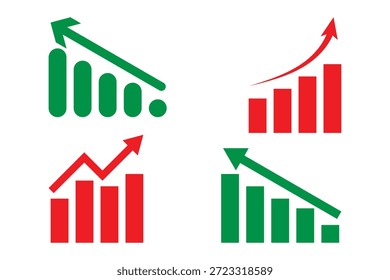 Gráfico que va arriba y abajo signo con flechas verdes y rojas. Gráfico de flujo de flecha hacia arriba, tendencia alcista. Mercado bajista, tendencia bajista. Tendencia al alza y a la baja