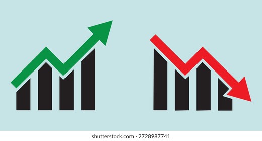 Graph going down and up sign with green and red arrows, vector illustration of bar chart symbols, depicting sales decrease and growth, ideal for business analytics, financial reports 