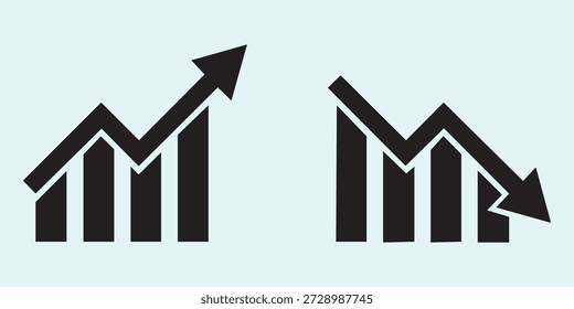 Gráfico que baja y sube signo con flechas verdes y rojas, Ilustración vectorial de los símbolos de gráfico de barras, que representa la disminución de las ventas y el crecimiento, ideal para el análisis de negocios, informes financieros 