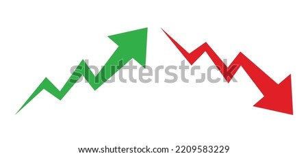 Graph going Up and Down sign with green and red arrows vector. Flat design vector illustration concept of sales bar chart symbol icon with arrow moving down and sales bar chart with arrow moving up.